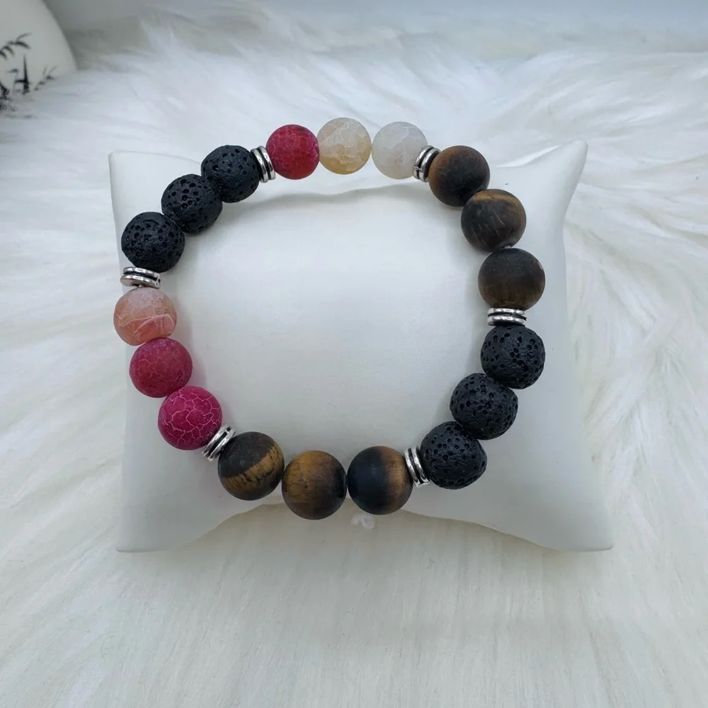 Natural Stone Beaded Bracelet – Lava Rock, Wooden & Pink Crackle Agate